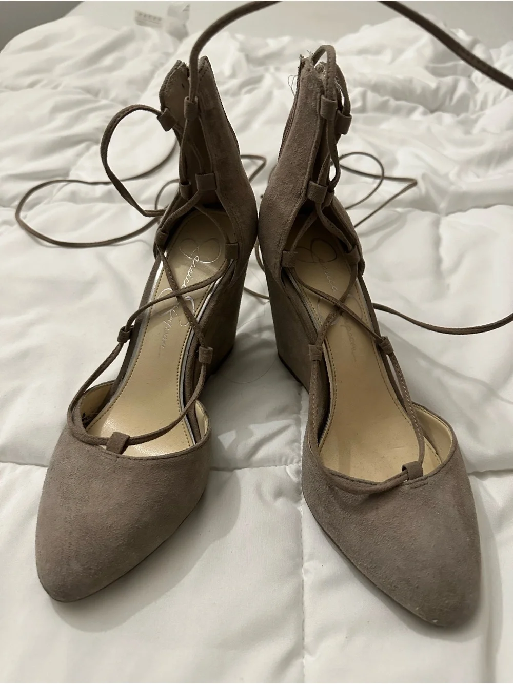 Jessica Simpson Taupe Suede Lace-Up Wedge Heels